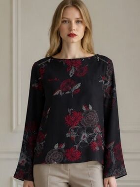 Maurices Black Floral Blouse | Red & Grey Botanical Print | Workwear | Size S